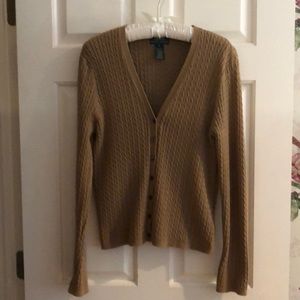 Classic Ralph Lauren tan/ brown ribbed cotton blend cardigan. Size Medium